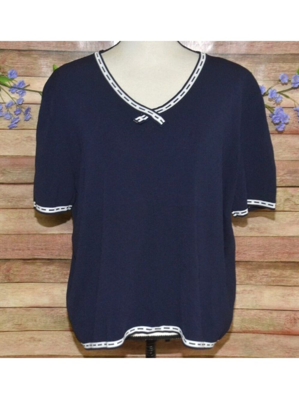 Alfred Dunner Nautical Preppy Navy Blue V-Neck Knit Top Size XL Academia Coastal